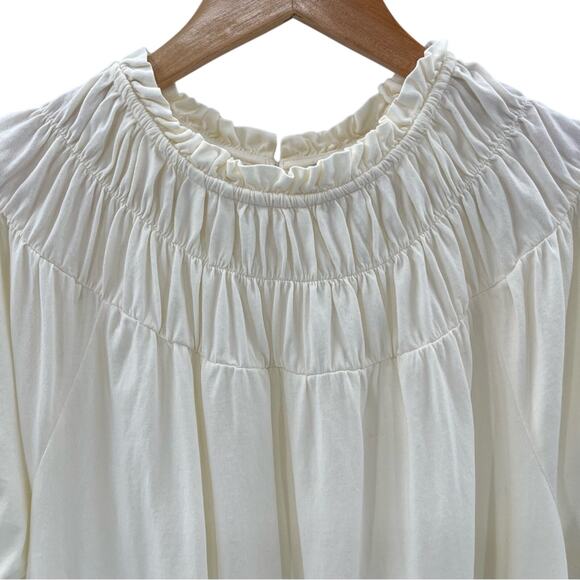 J. Crew 100% Cotton Ruched Ruffled Neckline Soft Flowy Short Sleeve Shirt Size M - Picture 2 of 9